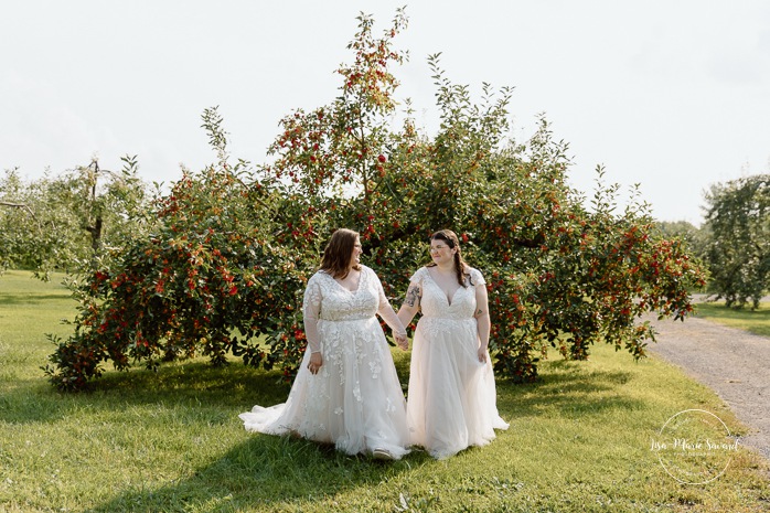 Orchard wedding photos. Same sex wedding photos. Lesbian wedding photos. Two brides wedding photos. Mariage au Verger Jude-Pomme. Photographe mariage LGBTQ+ à Montréal. Montreal LGBTQ+ wedding photographer. 