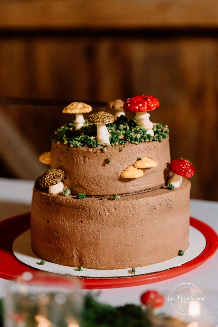 Woodland wedding cake. Mushroom wedding cake. Same sex wedding photos. Lesbian wedding photos. Two brides wedding photos. Mariage au Verger Jude-Pomme. Photographe mariage LGBTQ+ à Montréal. Montreal LGBTQ+ wedding photographer. 