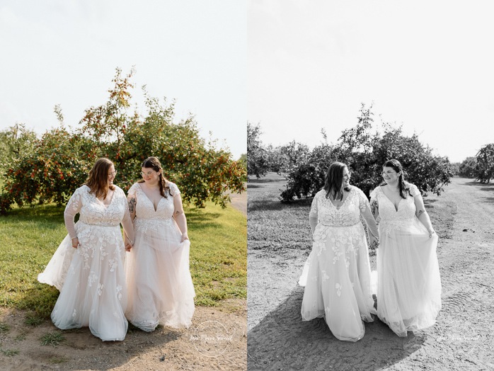 Orchard wedding photos. Same sex wedding photos. Lesbian wedding photos. Two brides wedding photos. Mariage au Verger Jude-Pomme. Photographe mariage LGBTQ+ à Montréal. Montreal LGBTQ+ wedding photographer. 