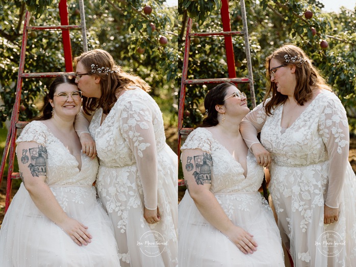 Orchard wedding photos. Same sex wedding photos. Lesbian wedding photos. Two brides wedding photos. Mariage au Verger Jude-Pomme. Photographe mariage LGBTQ+ à Montréal. Montreal LGBTQ+ wedding photographer. 