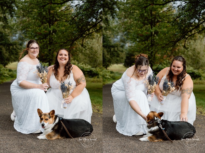 Wedding photos with dog. Two brides wedding photos. Same sex wedding photos. Plus size brides wedding photos. Mariage avec deux femmes. Mariage LGBTQ+ au Saguenay-Lac-Saint-Jean. Photographe de mariage au Saguenay.