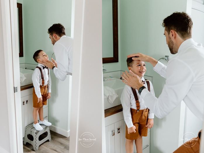 Groom getting ready in cabin. Cottage wedding photos. Cabin wedding photos. Mariage au Baluchon Éco-Villégiature. Auberge Le Baluchon. Photographe mariage Trois-Rivières.