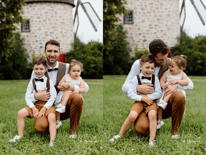 Wedding photos with children. Wedding family photos with kids. Wedding windmill photos. Mariage au Baluchon Éco-Villégiature. Auberge Le Baluchon. Photographe mariage Trois-Rivières.