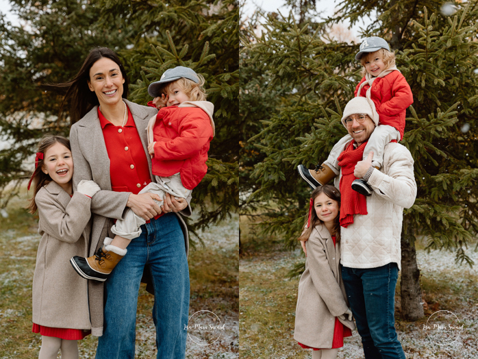 Outdoor Christmas mini sessions. Christmas tree farm mini sessions. Snowy family photos. Mini séances des Fêtes 2024. Mini séances dans la neige à Montréal. Montreal Holiday mini sessions.