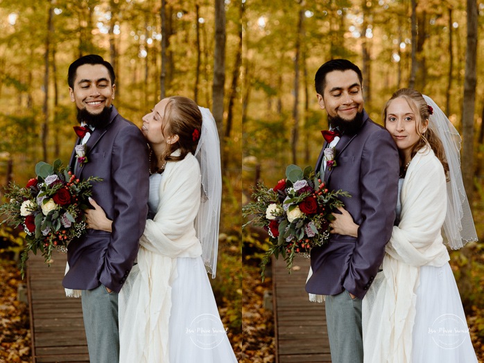 Fall forest wedding photos. Fall wedding photos. Mariage automnal à Montréal. Montreal fall wedding photos. Mariage Cabane à Sucre Constantin. Sugar shack wedding.