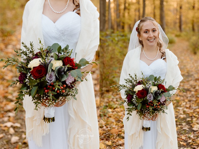 Fall forest wedding photos. Fall wedding photos. Mariage automnal à Montréal. Montreal fall wedding photos. Mariage Cabane à Sucre Constantin. Sugar shack wedding.