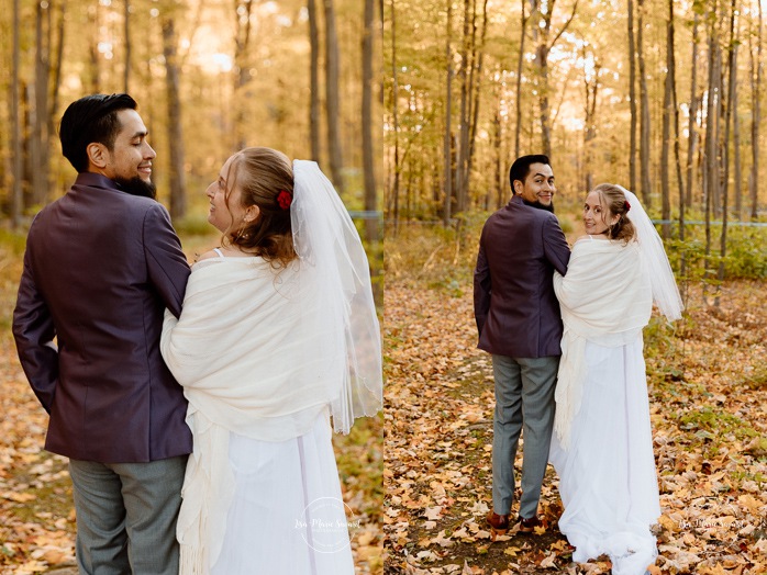 Fall forest wedding photos. Fall wedding photos. Mariage automnal à Montréal. Montreal fall wedding photos. Mariage Cabane à Sucre Constantin. Sugar shack wedding.