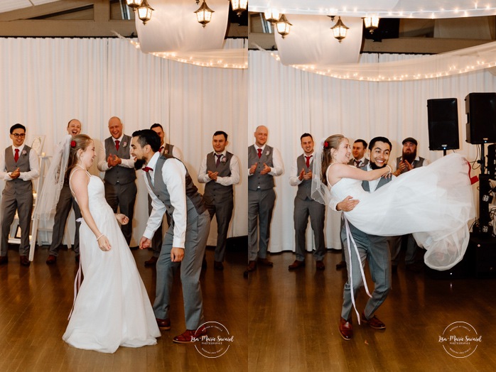 Indoor wedding reception in sugar shack. Mariage automnal à Montréal. Montreal fall wedding photos. Mariage Cabane à Sucre Constantin. Sugar shack wedding.