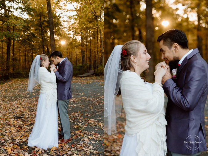 Fall forest wedding photos. Fall wedding photos. Mariage automnal à Montréal. Montreal fall wedding photos. Mariage Cabane à Sucre Constantin. Sugar shack wedding.