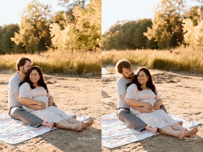 Beach maternity photos. River maternity photos. Golden hour maternity photos. Photographe dans le West Island. West Island photographer. Séance maternité au Cap-Saint-Jacques. Cap-St-Jacques maternity session.