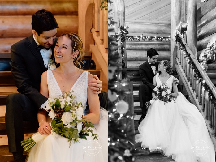Log cabin wedding photos. Wooden cabin wedding photos. Indoor wedding photos. Mariage au Grand Lodge Mont-Tremblant. Photographe de mariage à Mont-Tremblant. Grand Lodge Mont-Tremblant wedding. Mont Tremblant wedding photographer.