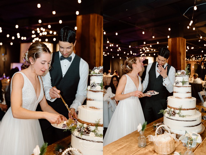 Bride and groom cutting the cake. Mariage au Grand Lodge Mont-Tremblant. Photographe de mariage à Mont-Tremblant. Grand Lodge Mont-Tremblant wedding. Mont Tremblant wedding photographer.