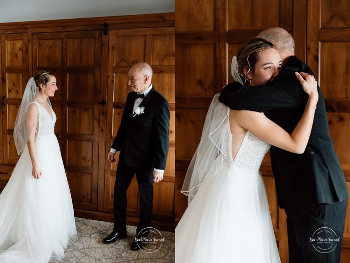 Emotional father of the bride first look photos. Mariage au Grand Lodge Mont-Tremblant. Photographe de mariage à Mont-Tremblant. Grand Lodge Mont-Tremblant wedding. Mont Tremblant wedding photographer.