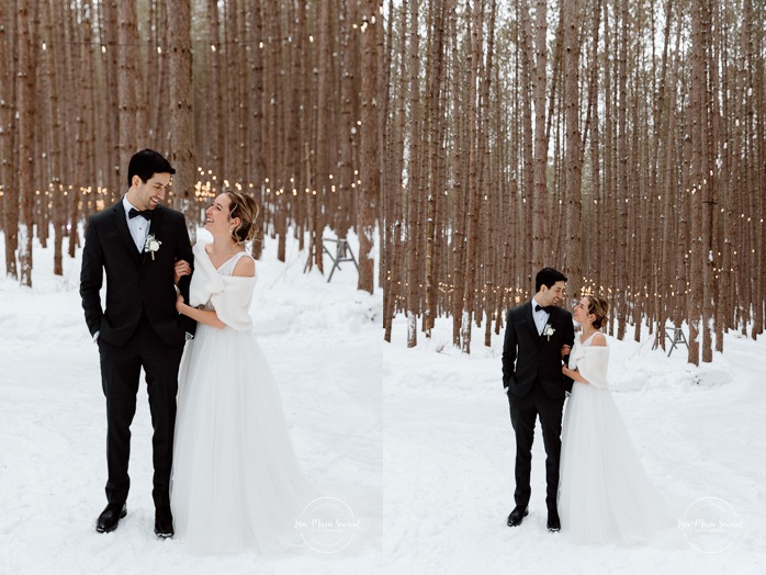 Winter wedding photos ideas. Winter forest wedding photos. Snowy wedding photo. Mariage au Grand Lodge Mont-Tremblant. Photographe de mariage à Mont-Tremblant. Grand Lodge Mont-Tremblant wedding. Mont Tremblant wedding photographer.