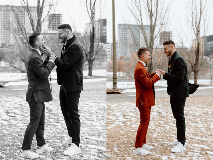 Winter first look ideas. First look au Champs-de-Mars à Montréal en hiver. Mariage intime dans le Vieux-Montréal. Photographe de mariage LGBTQ+ friendly à Montréal. Old Montreal intimate wedding photos. Montreal LGBTQ+ friendly photographer.