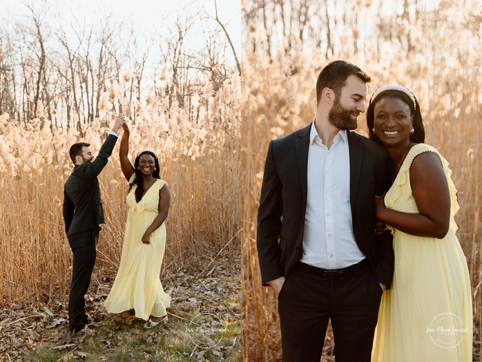 Romantic engagement photos. Wood engagement photos. Mixed couple engagement photos. Biracial couple engagement photos. Séance photo au parc Michel-Chartrand à Longueuil. Photographe de fiançailles à Montréal. Montreal engagement photographer.
