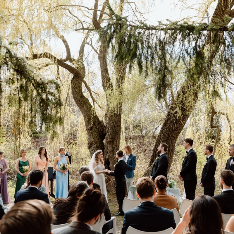 Outdoor wedding ceremony. Weeping willow wedding photos. Mariage au Pavillon de la Jamaïque à Montréal. Photographe de mariage à Montréal. Jamaica Pavilion wedding. Montreal wedding photographer.