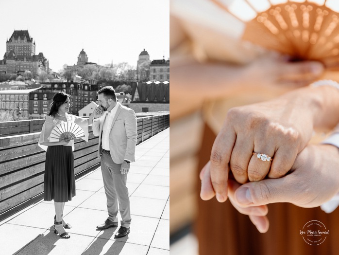 Urban engagement photos. Interracial couple photos. Séance fiançailles dans le Vieux-Québec. Photographe de mariage ville de Québec. Place des Canotiers. Quebec City photographer. Old Quebec engagement photos.