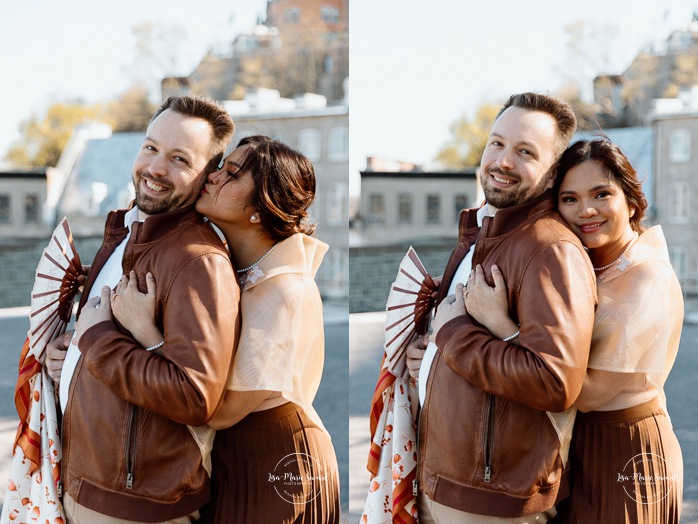 Urban engagement photos. Interracial couple photos. Séance fiançailles dans le Vieux-Québec. Photographe de mariage ville de Québec. Château Frontenac. Parc Montmorency. Quebec City photographer. Old Quebec engagement photos.