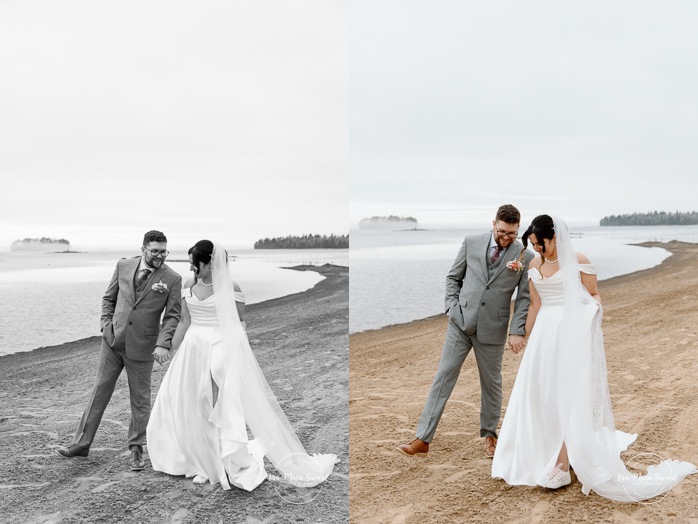Beach wedding photos. Wedding photos on foggy beach. Mariage à l'Auberge des Îles au Lac-Saint-Jean. Photographe de mariage au Saguenay-Lac-Saint-Jean.