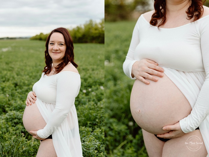 Field maternity photos. Countryside maternity photos. Séance maternité à la ferme avec des vaches. Dairy farm maternity photos. Photographe de maternité en Montérégie. Monteregie maternity photographer.