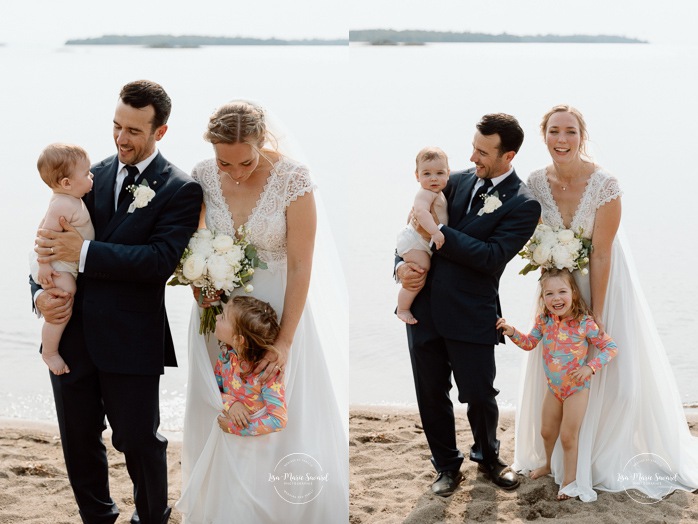 Wedding photos with children. Beach wedding photos. Lakefront wedding photos. Mariage au bord du Lac-Saint-Jean. Auberge des Îles. Photographe mariage Saguenay-Lac-Saint-Jean