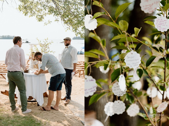 Beach wedding cocktail hour. Summer lakefront wedding. Mariage au bord du Lac-Saint-Jean. Auberge des Îles. Photographe mariage Saguenay-Lac-Saint-Jean