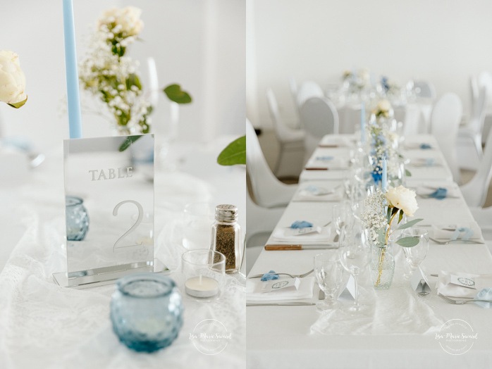 Simple wedding reception decor. White, blue and green wedding decor. Mariage au bord du Lac-Saint-Jean. Auberge des Îles. Photographe mariage Saguenay-Lac-Saint-Jean