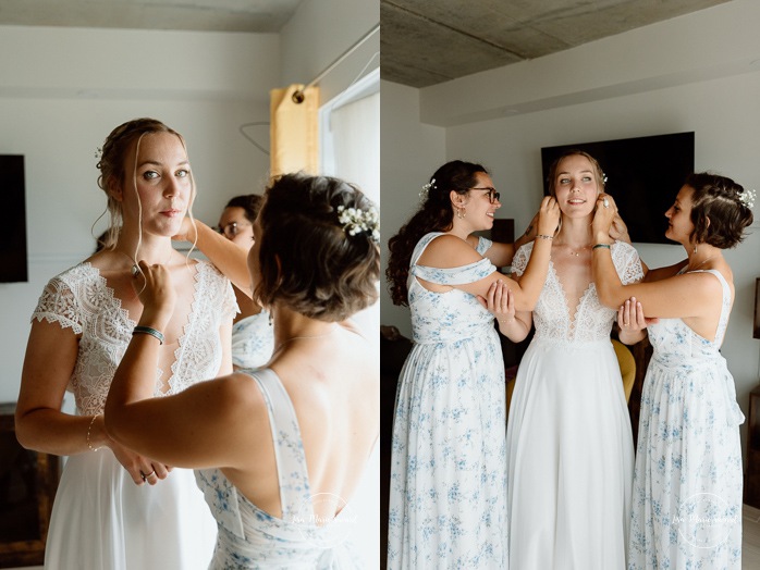 Bride getting ready with bridesmaids. Mariage au bord du Lac-Saint-Jean. Auberge des Îles. Photographe mariage Saguenay-Lac-Saint-Jean