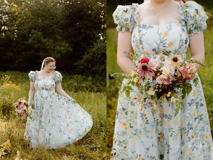 Cottagecore wedding photos. Flowery meadow wedding photos. Plus size bride wedding photos. Mariage en Estrie dans un chalet. Photographe de mariage dans les Cantons-de-l'Est. Eastern Township wedding photographer.