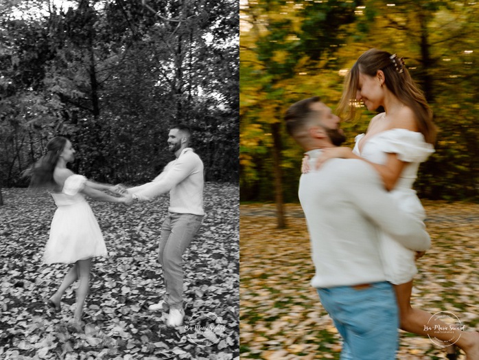 Motion blur engagement photos. Fall engagement photos. Golden hour engagement session. Romantic engagement photos. Photos de fiançailles sur la Rive Sud de Montréal. Photographe de fiançailles à Montréal. Parc de la Frayère Boucherville. Montreal engagement photographer. Montreal South Shore photos.