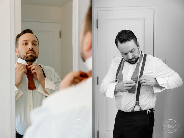Groom getting ready with groomsmen. Mariage au Manoir du lac Delage. Photographe de mariage Ville de Québec. Quebec City wedding photographer. Manoir du lac Delage wedding.