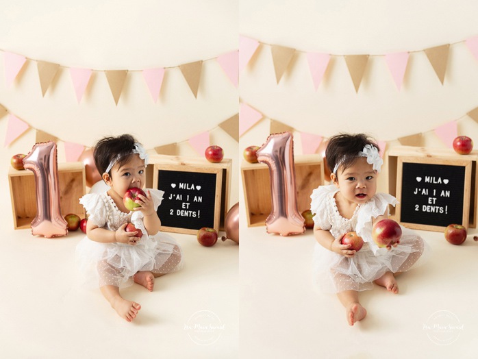 Minimalist girl Cake Smash photos. Cream and pink Cake Smash setup. Simple Smash the Cake photos. Photos de Cake Smash à Montréal. Photographe Cake Smash à Montréal. Montreal Cake Smash photoshoot. Montreal Cake Smash photographer.