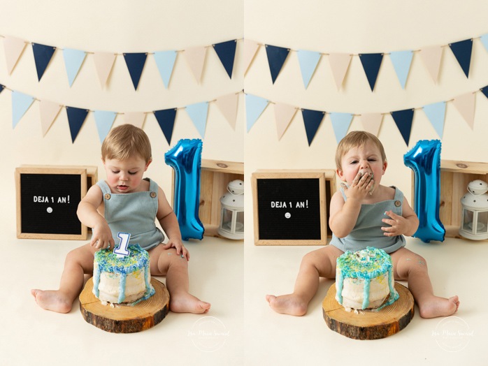 Minimalist boy Smash the Cake photos. Cream and blue Smash the Cake setup. Simple Cake Smash photos. Photos de Smash the Cake à Montréal. Photographe Smash the Cake à Montréal. Montreal Smash the Cake photoshoot. Montreal Smash the Cake photographer.