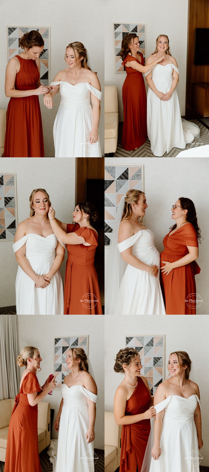 Bride getting ready with bridesmaids in hotel room. Sheraton St-Hyacinthe. Mariage au Domaine St-Simon en automne. Photographe de mariage en Montérégie. Domaine St-Simon wedding.