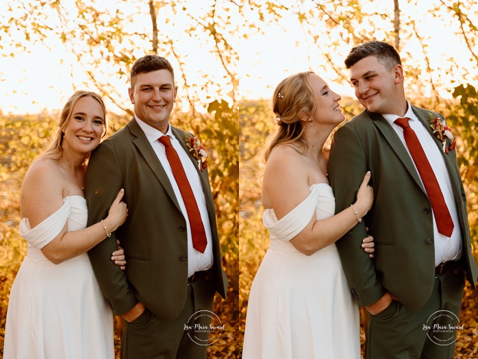 Fall wedding photos ideas. Golden hour wedding photos. Romantic wedding photos. Mariage au Domaine St-Simon en automne. Photographe de mariage en Montérégie. Domaine St-Simon wedding.