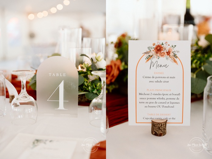 Fall color wedding reception decor. Burnt orange wedding decor. Mariage au Domaine St-Simon en automne. Photographe de mariage en Montérégie. Domaine St-Simon wedding.