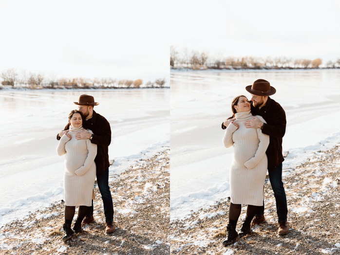 Winter maternity photos. Romantic snowy maternity photos. Golden hour maternity photos. Photos de maternité à Montréal en hiver. Montreal winter maternity photos. Photographe de maternité à Montréal. Montreal maternity photographer. Promenade Père-Marquette Lachine.