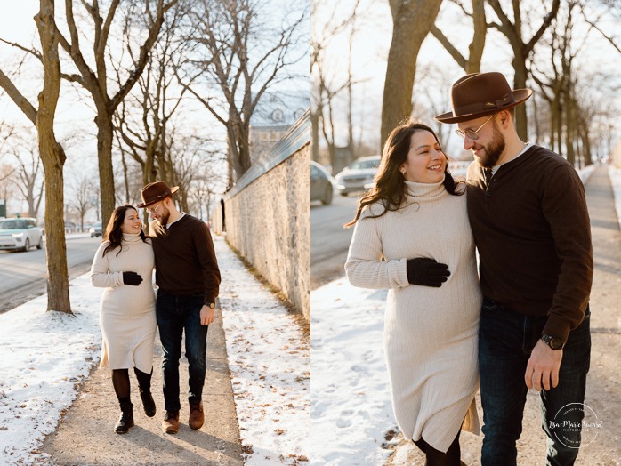 Winter maternity photos. Romantic snowy maternity photos. Golden hour maternity photos. Photos de maternité à Montréal en hiver. Montreal winter maternity photos. Photographe de maternité à Montréal. Montreal maternity photographer. Comptoir St-Jo Lachine.