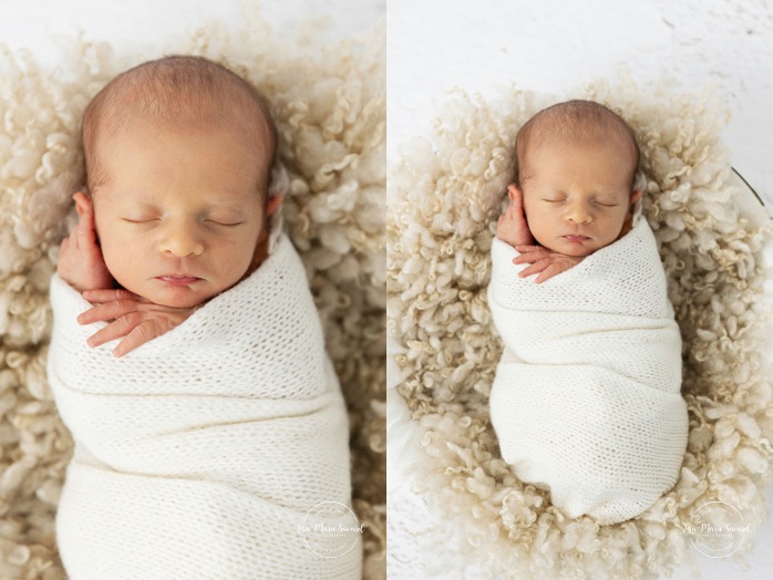 Minimalist newborn photos. Clean newborn photos. Organic newvborn photos. Photos de nouveau-né en studio à Montréal. Montreal in-studio newborn photos. Photographe nouveau-né Montréal. Montreal newborn photographer.