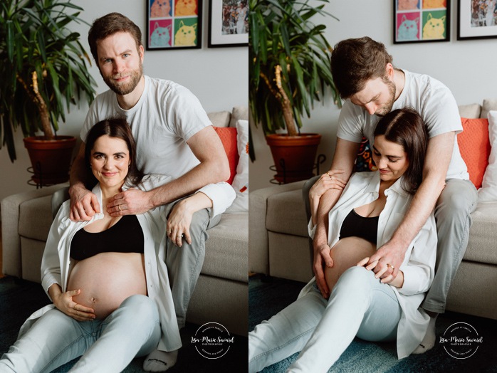 In-home maternity photos. Living room maternity photos. Photos de maternité à la maison à Montréal. Photographe maternité Montréal. Montreal in-home maternity photos. Montreal maternity photographer.