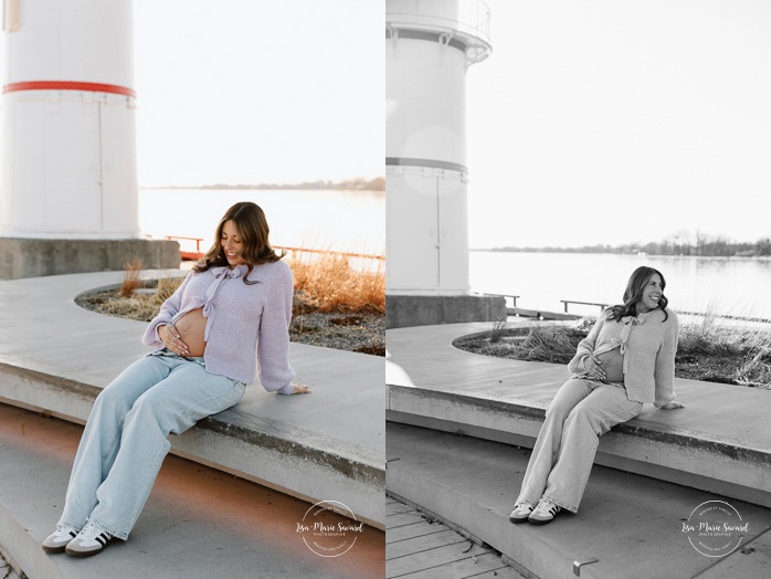 Lighthouse maternity photos. Lighthouse photoshoot. Spring maternity photos. Séance photo au phare de Lachine Quai 34. Lachine lighthouse photoshoot. Photographe à Lachine. Lachine photographer.