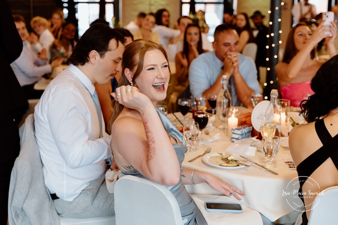 Wedding reception speech. Industrial wedding reception. Mariage à l'Espace Canal à Montréal. Photographe de mariage à Montréal. Espace Canal wedding. Montreal wedding photographer.