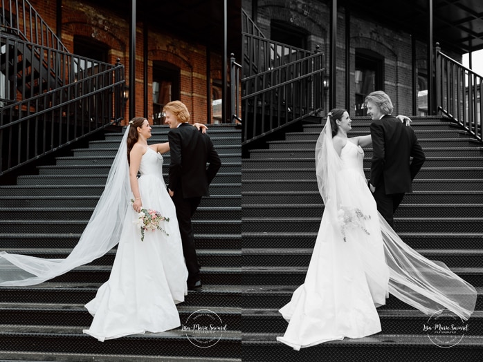 Urban wedding photos. Staircase wedding photos. Mariage à l'Espace Canal à Montréal. L'Ambroisie et Espace Canal. Photographe de mariage à Montréal. Espace Canal wedding. Montreal wedding photographer.