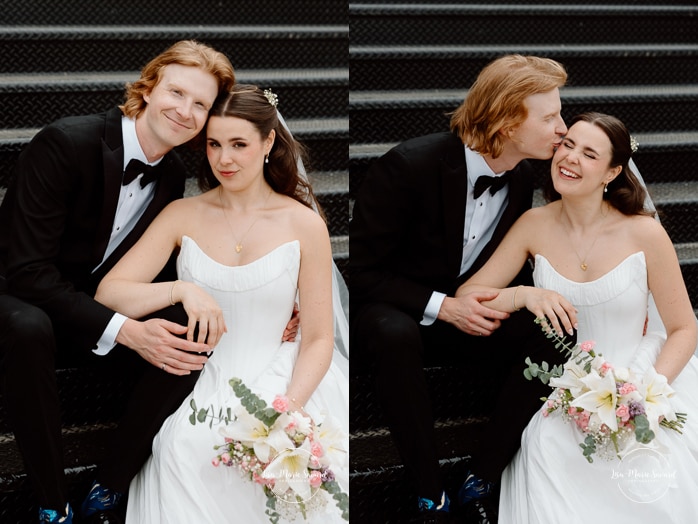 Urban wedding photos. Staircase wedding photos. Mariage à l'Espace Canal à Montréal. L'Ambroisie et Espace Canal. Photographe de mariage à Montréal. Espace Canal wedding. Montreal wedding photographer.