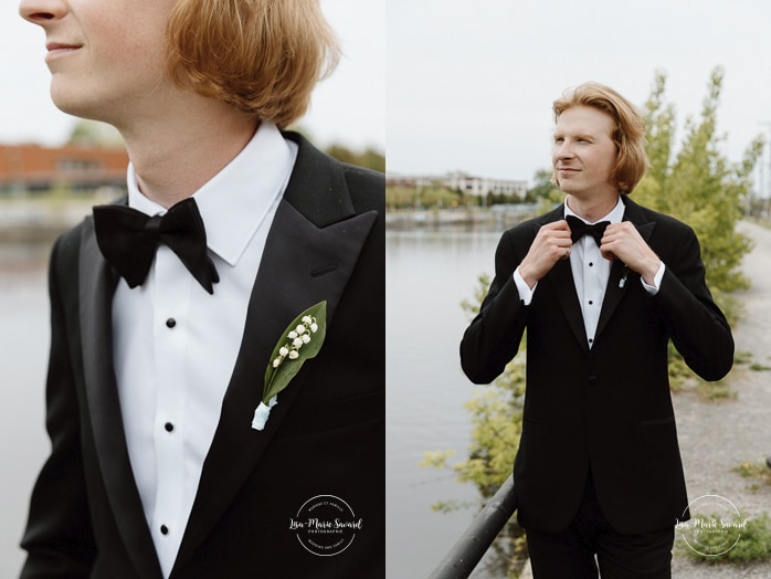 Groom flat lay. Groom getting ready with groomsmen at reception venue. Mariage à l'Espace Canal à Montréal. L'Ambroisie et Espace Canal. Photographe de mariage à Montréal. Espace Canal wedding. Montreal wedding photographer.