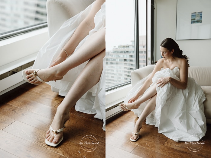 Bride getting ready with bridesmaids in condo. Mariage à l'Espace Canal à Montréal. L'Ambroisie et Espace Canal. Photographe de mariage à Montréal. Espace Canal wedding. Montreal wedding photographer.