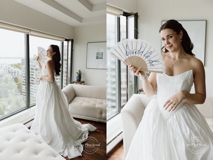 Bride getting ready with bridesmaids in condo. Mariage à l'Espace Canal à Montréal. L'Ambroisie et Espace Canal. Photographe de mariage à Montréal. Espace Canal wedding. Montreal wedding photographer.