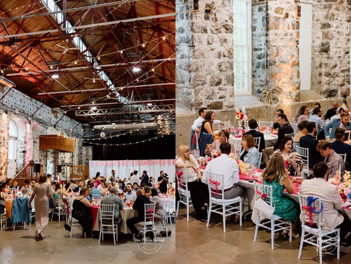 Wedding reception inside old mill. Photographe de mariage au Saguenay. Photographe Saguenay-Lac-Saint-Jean. Mariage Pulperie de Chicoutimi. Bâtiment 1912. Saguenay wedding photographer.