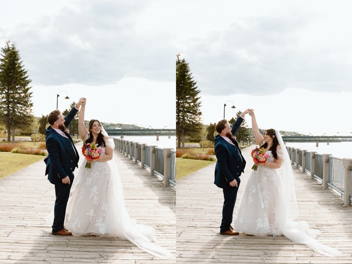 Spring wedding photos. Romantic wedding photos. Urban park wedding photos. Photographe de mariage au Saguenay. Photographe Saguenay-Lac-Saint-Jean. Vieux Port de Chicoutimi. Zone Portuaire Chicoutimi. Saguenay wedding photographer.